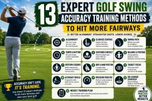 Golfer practicing golf swing accuracy training using alignment sticks and target drills to hit more fairways with improved clubface control and swing path.