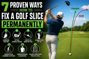 Golfer demonstrating how to fix a golf slice permanently by improving swing path and clubface control