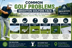 Common golf problems Brighton golfers face including slicing, inconsistent ball striking, poor short game, and difficulty lowering scores in Brighton Michigan.