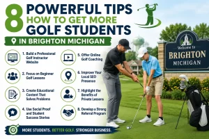 Golf instructor teaching a student during a lesson in Brighton Michigan with tips on how to get more golf students in Brighton Michigan.