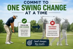 Golfer learning how to get results from online golf lessons by committing to one swing change at a time during structured golf practice.