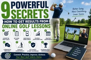 Golfer practicing with online golf lessons while reviewing swing mechanics to learn how to get results from online golf lessons.