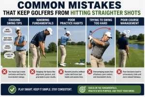 Common mistakes that prevent golfers from hitting straighter golf shots, including poor alignment, overswinging, inconsistent contact, and incorrect swing fundamentals.