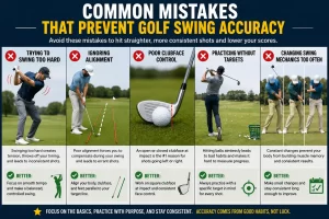 Infographic showing the most common mistakes that prevent golfers from learning how to improve golf swing accuracy, including poor alignment, improper clubface control, swinging too hard, and ineffective practice habits.