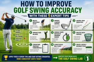 Professional golfer demonstrating how to improve golf swing accuracy with proper alignment, clubface control, and balanced swing mechanics.