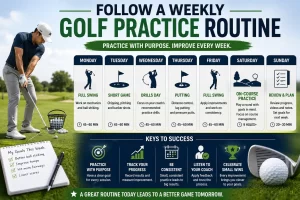 Weekly golf practice routine showing how to improve golf swing with online golf lessons through structured practice sessions, golf drills, and personalized coaching.