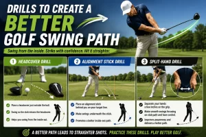 Golfer practicing swing path drills to learn how to stop slicing your driver and hit straighter tee shots