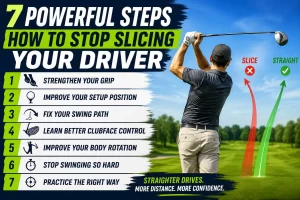 Golfer demonstrating how to stop slicing your driver using proper swing path and clubface control techniques