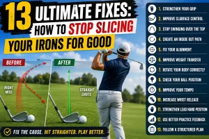 Golfer demonstrating how to stop slicing your irons by improving clubface control and swing path for straighter golf shots