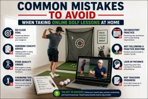 Common mistakes to avoid when learning how to take online golf lessons at home, including poor video swing feedback, inconsistent practice, and incorrect swing mechanics.