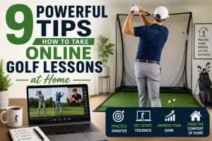 Golfer practicing how to take online golf lessons at home using video swing feedback and professional swing analysis.