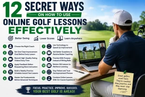 Golfer learning how to use online golf lessons effectively by reviewing swing videos and practicing proper swing mechanics during an online coaching session.