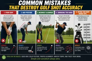 Infographic showing the common mistakes that destroy golf shot accuracy, including poor grip, bad posture, incorrect alignment, and swinging too hard to help golfers improve golf shot accuracy.