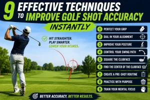 Golfer demonstrating proper clubface control and swing mechanics to improve golf shot accuracy with better alignment and centered clubface contact.
