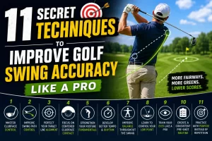Professional golfer demonstrating proper mechanics to improve golf swing accuracy with perfect alignment and centered clubface contact.