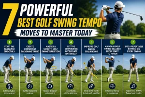 Golfer demonstrating the best golf swing tempo with a smooth backswing, transition, and balanced finish