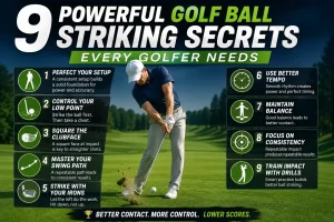 Golfer practicing golf ball striking tips to improve golf swing accuracy, iron contact, balance, and consistent ball striking.