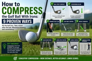 Golfer demonstrating how to compress the golf ball with irons using ball-first contact and a divot after the ball.