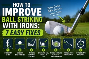 Golfer learning how to improve ball striking with irons by making clean ball-first contact