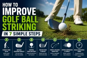 Golfer practicing how to improve golf ball striking with centered contact and proper impact