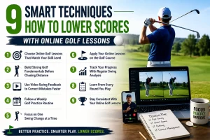 Golfer practicing with online golf lessons to learn how to lower scores with online golf lessons through better swing mechanics and personalized coaching.