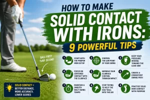 Golfer demonstrating how to make solid contact with irons using proper impact position and ball-first contact
