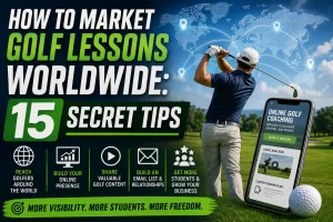 Professional golf instructor teaching an online lesson demonstrating how to market golf lessons worldwide through digital marketing and online coaching.