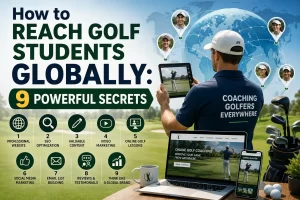 Golf instructor teaching how to reach golf students globally through virtual golf lessons and digital marketing strategies.