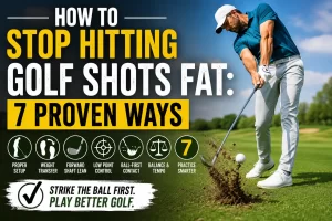Golfer learning how to stop hitting golf shots fat by improving ball-first contact and divot control