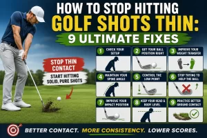 Golfer learning how to stop hitting golf shots thin by improving iron impact position and ground contact
