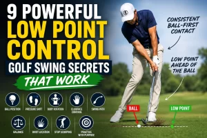 Low point control golf swing demonstrating proper ball-first contact and divot position with an iron