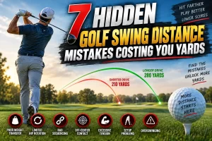Golfer improving golf swing distance with better rotation and swing mechanics