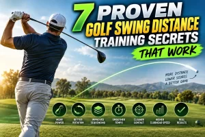 Golfer practicing golf swing distance training to improve power and distance