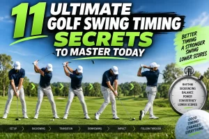 Golfer practicing golf swing timing, sequencing, body rotation and weight transfer for a more consistent swing