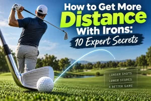Golfer learning how to get more distance with irons through better swing mechanics