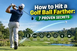Golfer demonstrating how to hit a golf ball farther with proper body rotation and weight transfer
