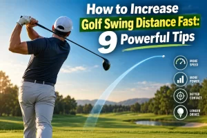 Golfer demonstrating how to increase golf swing distance with proper rotation and weight transfer