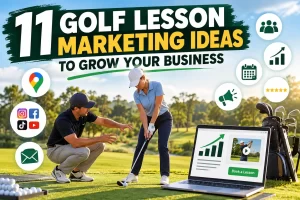 "Golf instructor demonstrating a swing to a student while using golf lesson marketing ideas to manage golf lesson bookings."