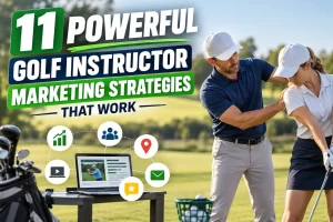 Golf instructor coaching a student on a driving range during a professional golf lesson