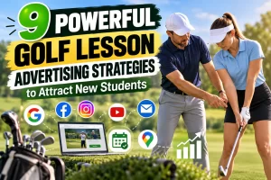 Golf instructor teaching a student at a driving range, illustrating golf lesson advertising strategies to attract new students.

