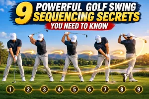 Golfer demonstrating proper golf swing sequencing with coordinated hip rotation, weight transfer, and downswing movement.