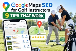 Golf instructor coaching a student at a driving range, illustrating Google Maps SEO for golf instructors and local golf lesson visibility.