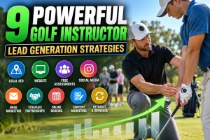 Golf instructor lead generation coaching a student at a driving range while using a digital golf lesson booking system.